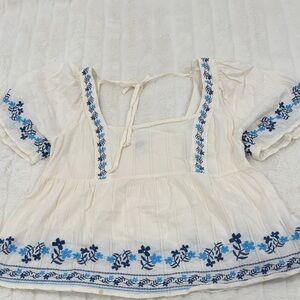 Old Navy White Blouse with Blue Embroidery